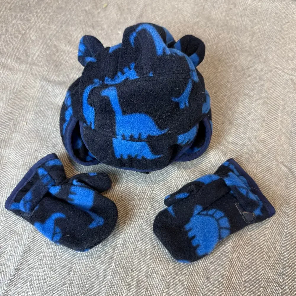 Baby Gap Blue Dinosaur Fleece Trapper Hat Mittens Set Ears Winter 6-12 Months
